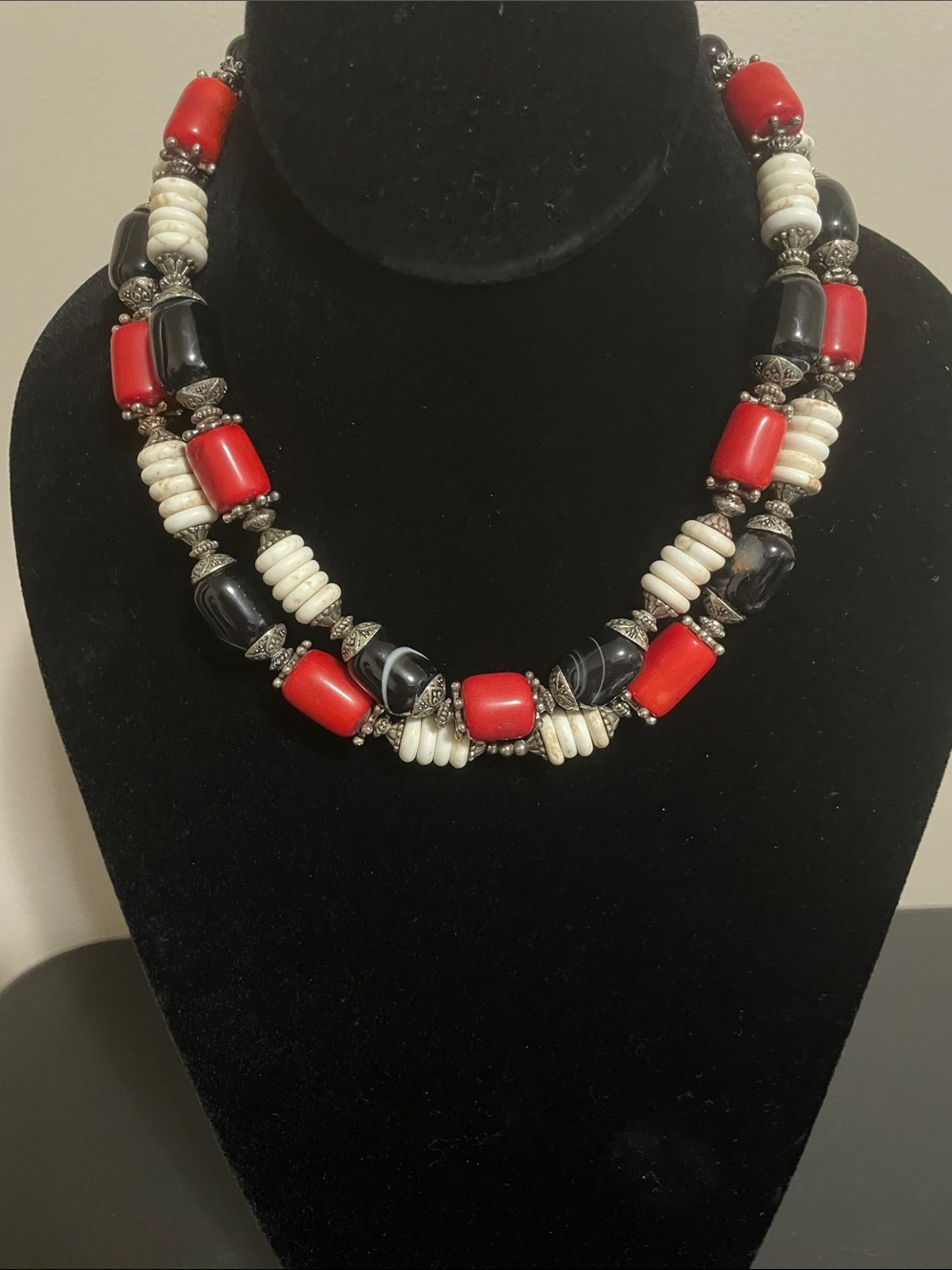 Hand Made Red, Black & White Beaded Double Strand Necklace